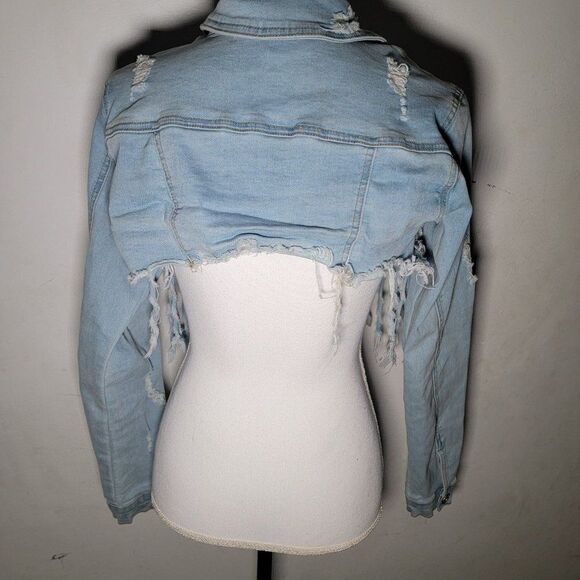 Redfox Womens Blue Fringe Distressed Collared Cropped Denim Jacket Size Small - Picture 6 of 6